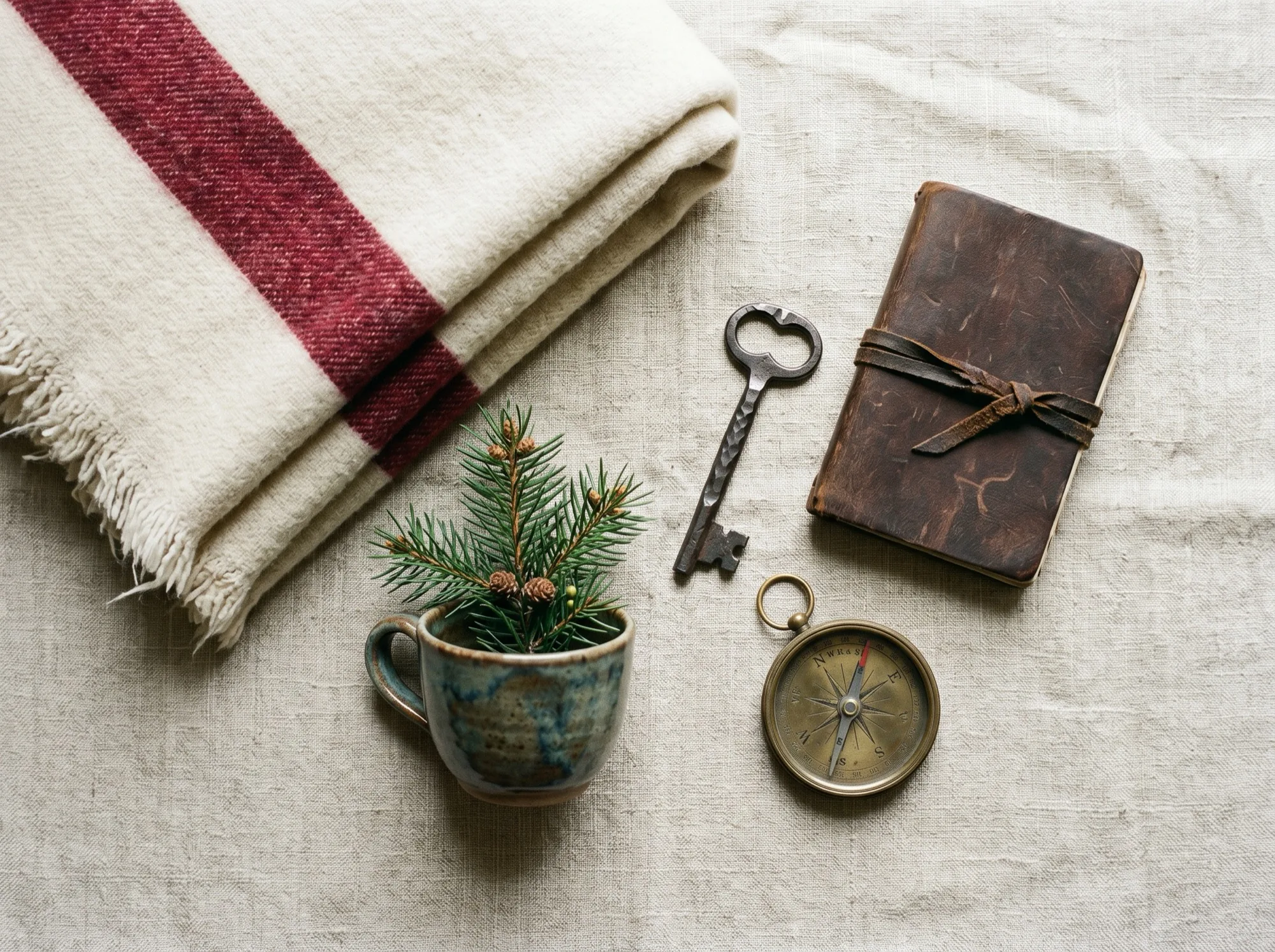 A flat lay of curated alpine Tyrolean objects — iron key, ceramic cup, woolen blanket, brass compass, leather notebook.