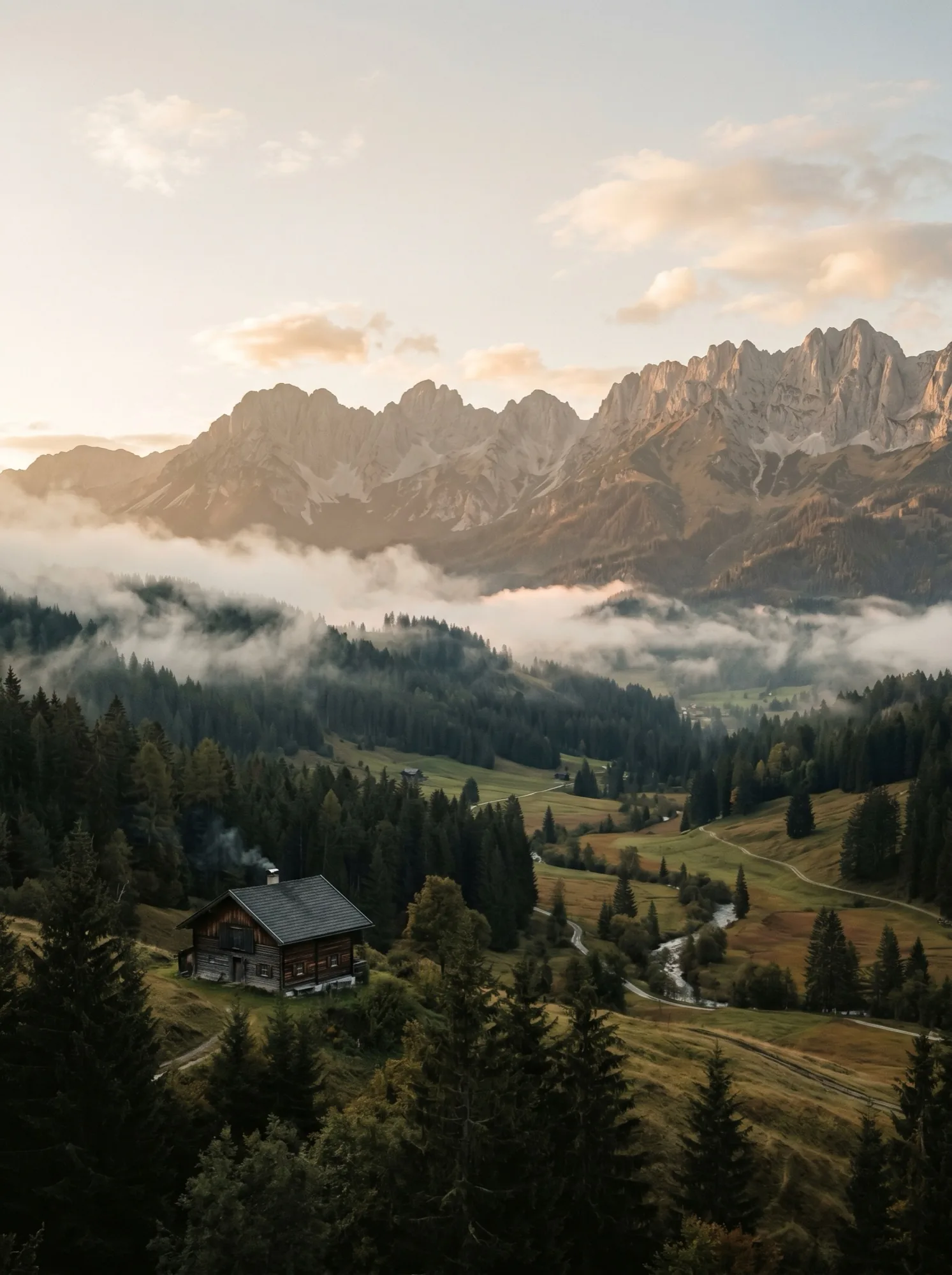A Tyrolean alpine valley at golden hour, mist rolling through pine forests.