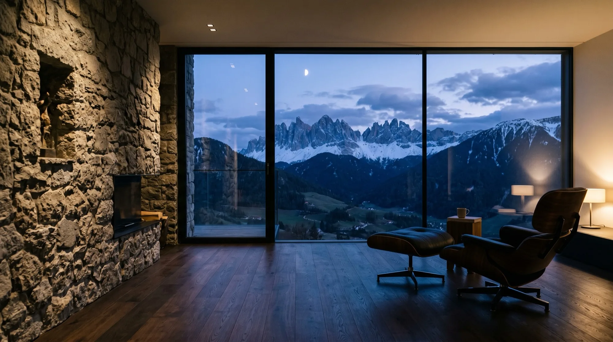 A floor-to-ceiling window inside a modernist alpine residence framing a panoramic view of the Dolomites at dusk.