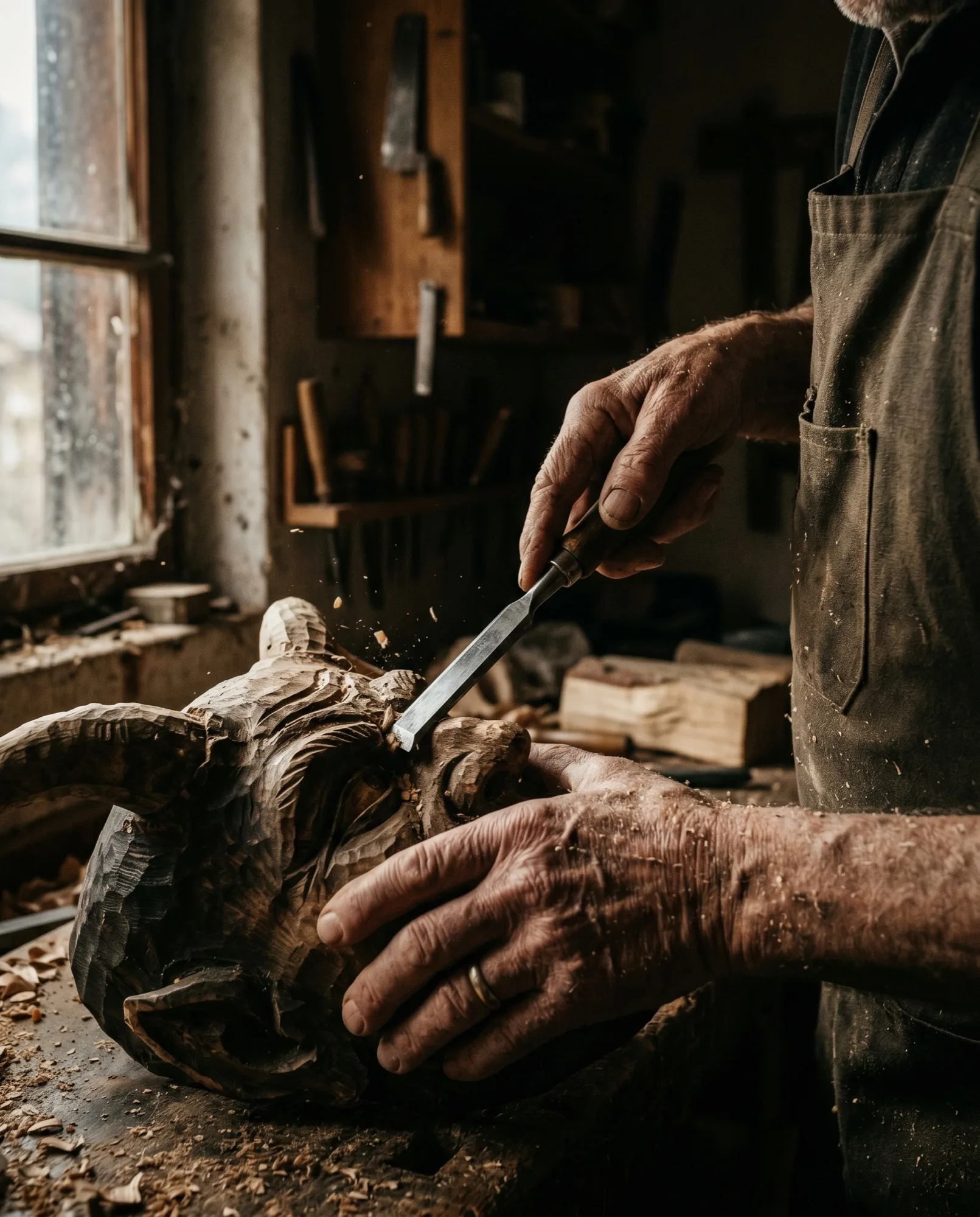 Close-up of an artisan's hands carving a traditional alpine wooden mask in a workshop.