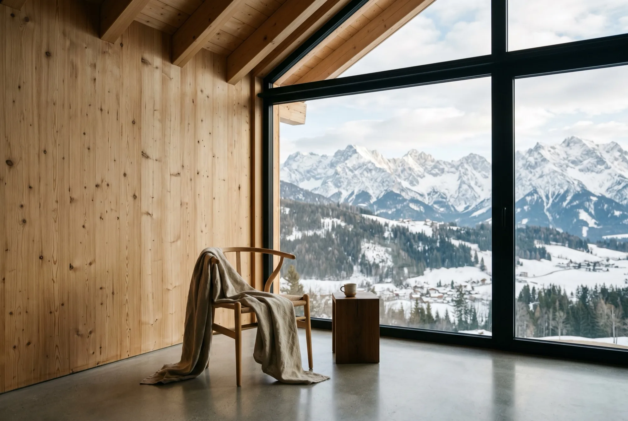Interior of a minimalist modern alpine chalet with a Wegner chair and mountain view.