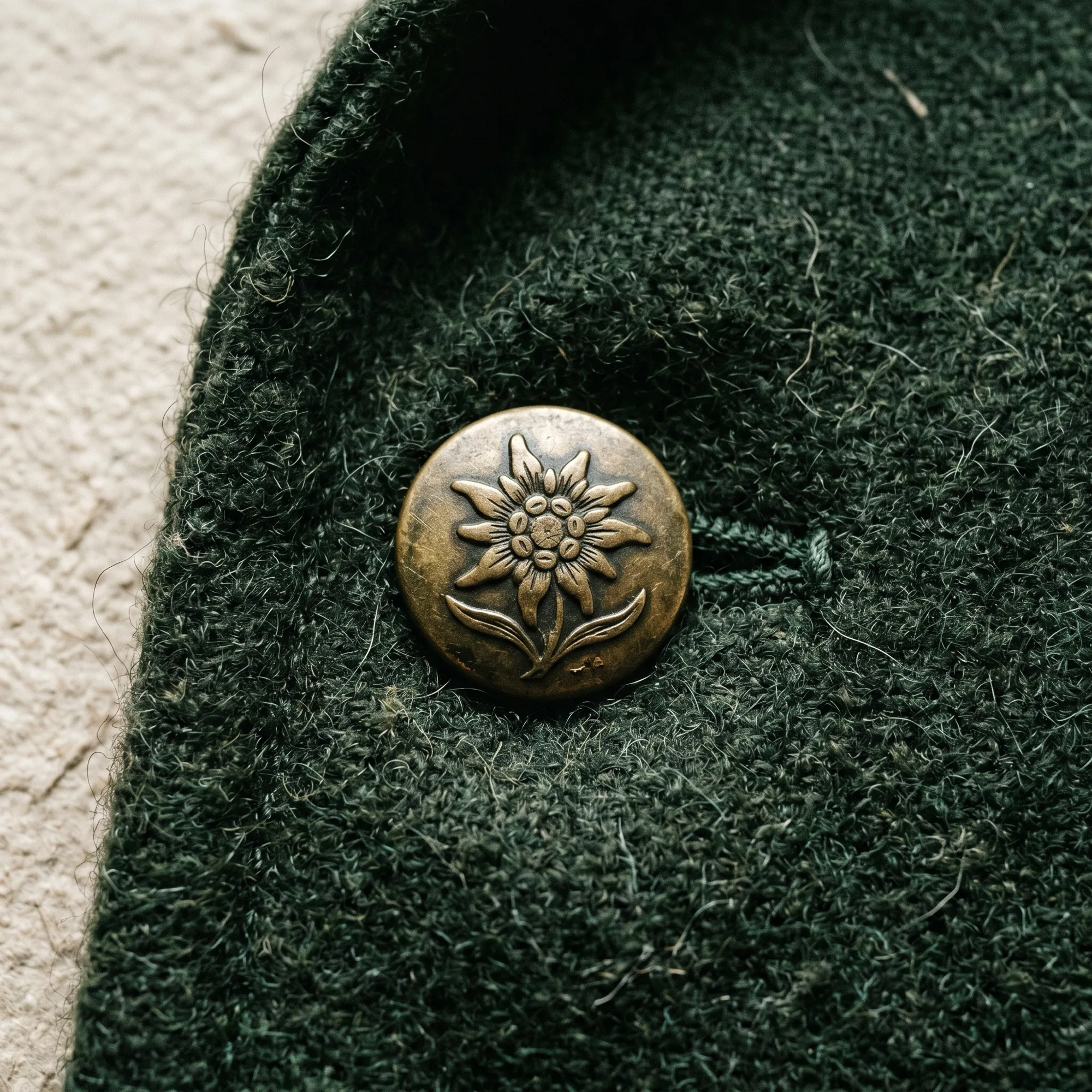 Macro detail of dark forest-green Tyrolean loden wool fabric with an antique brass edelweiss button.